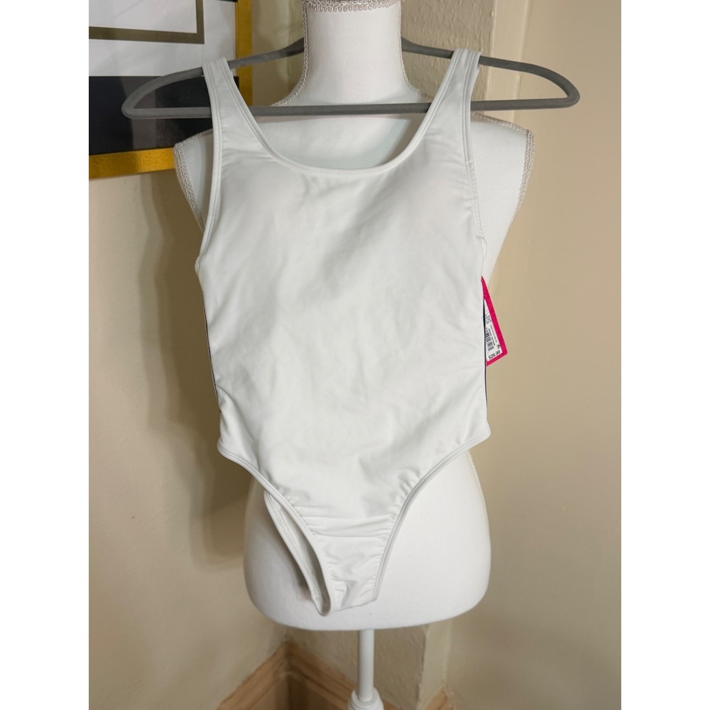 Xhilaration White One Piece Swimsuit Red Blue Side Stripes XS NWT 238 04 8117